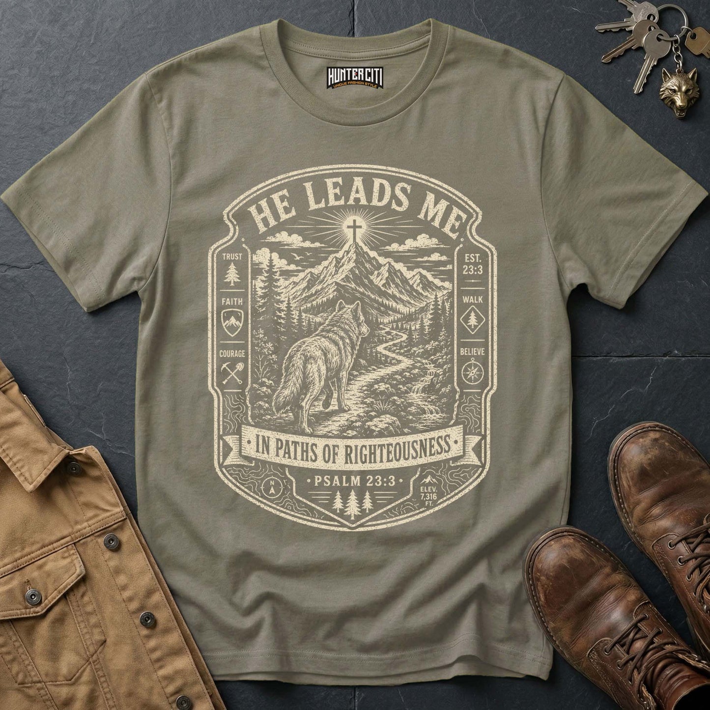 He Leads Me in Paths of Righteousness Trail Wolf T-Shirt - Psalm 23:3 Tee