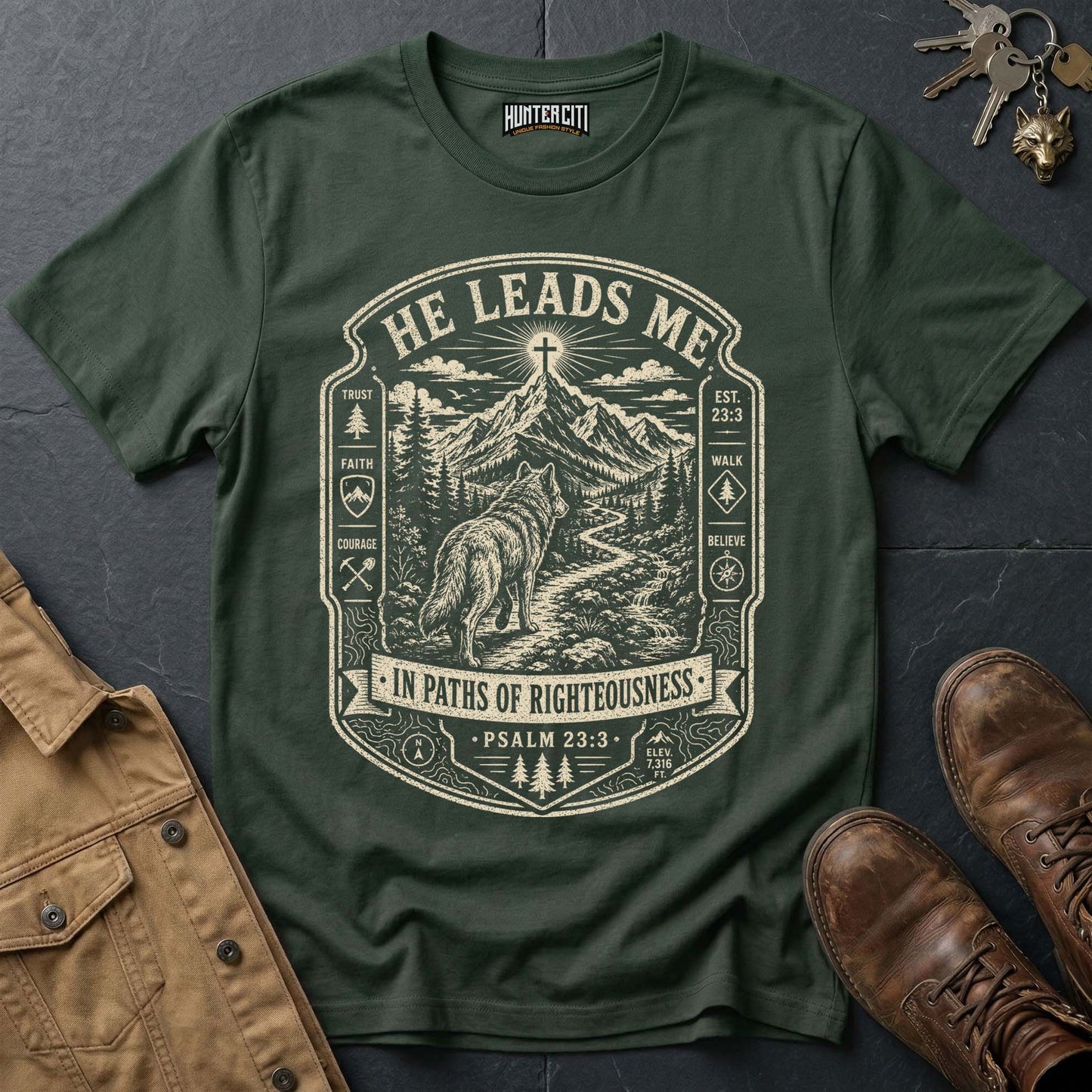 He Leads Me in Paths of Righteousness Trail Wolf T-Shirt - Psalm 23:3 Tee
