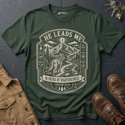 He Leads Me in Paths of Righteousness Trail Wolf T-Shirt - Psalm 23:3 Tee