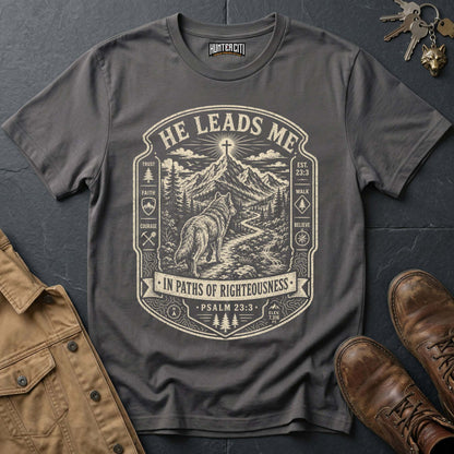 He Leads Me in Paths of Righteousness Trail Wolf T-Shirt - Psalm 23:3 Tee