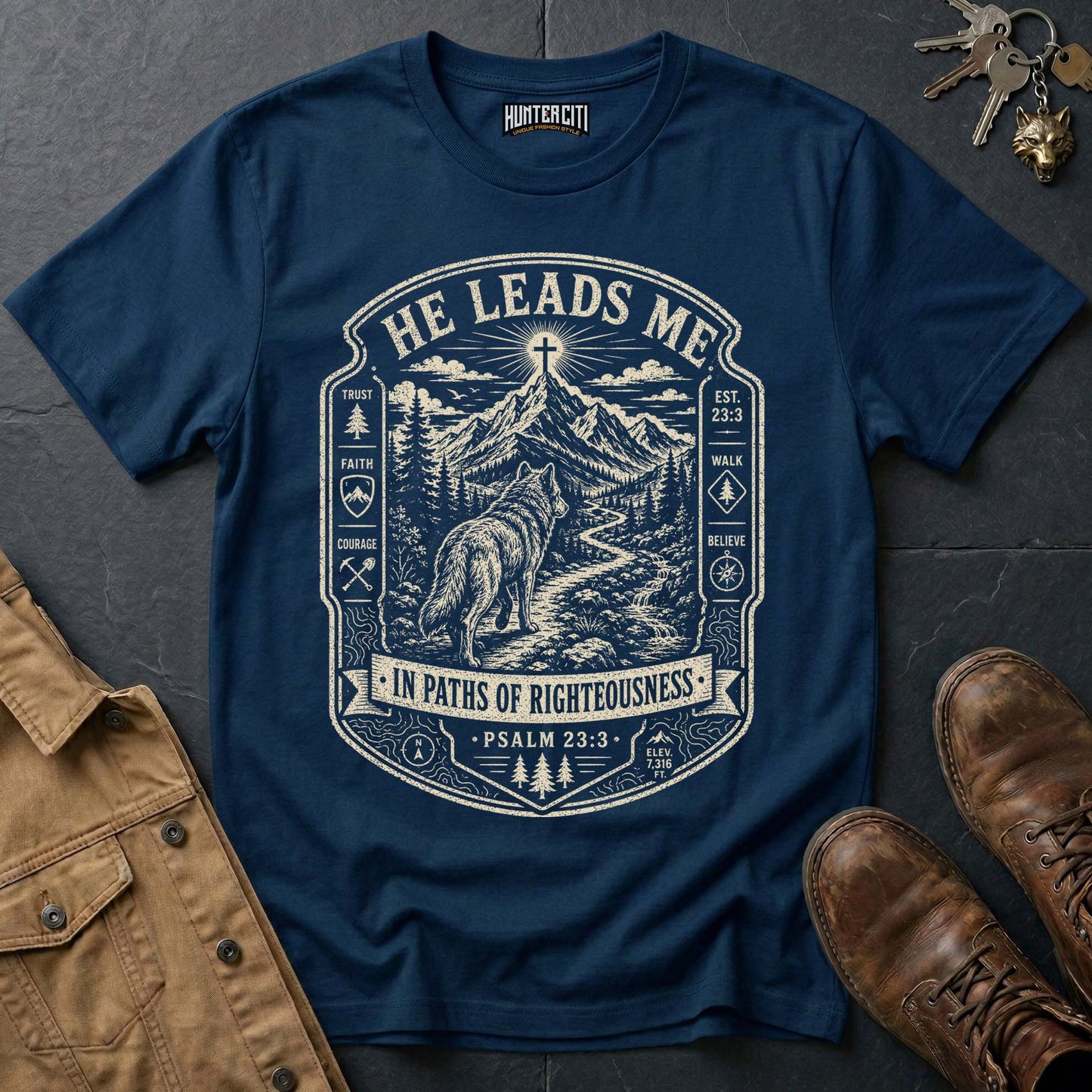 He Leads Me in Paths of Righteousness Trail Wolf T-Shirt - Psalm 23:3 Tee