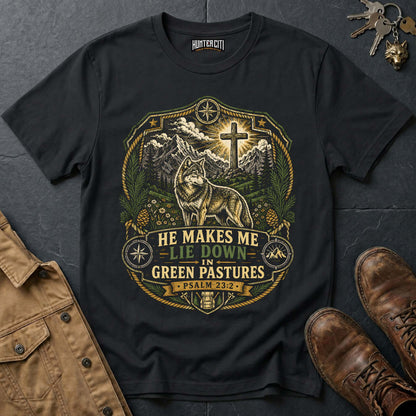 He Makes Me Lie Down in Green Pastures Wolf T-Shirt - Psalm 23:2 Christian Tee