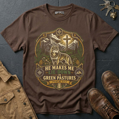 He Makes Me Lie Down in Green Pastures Wolf T-Shirt - Psalm 23:2 Christian Tee
