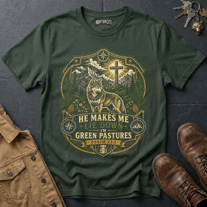 He Makes Me Lie Down in Green Pastures Wolf T-Shirt - Psalm 23:2 Christian Tee