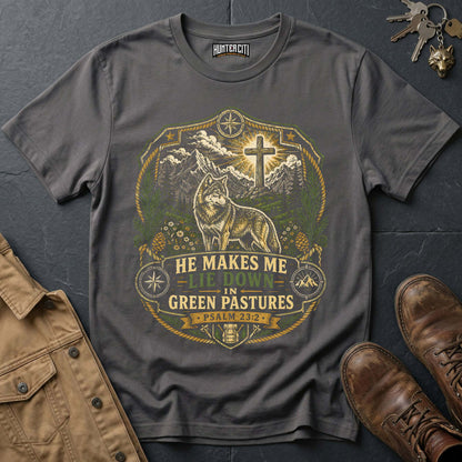 He Makes Me Lie Down in Green Pastures Wolf T-Shirt - Psalm 23:2 Christian Tee