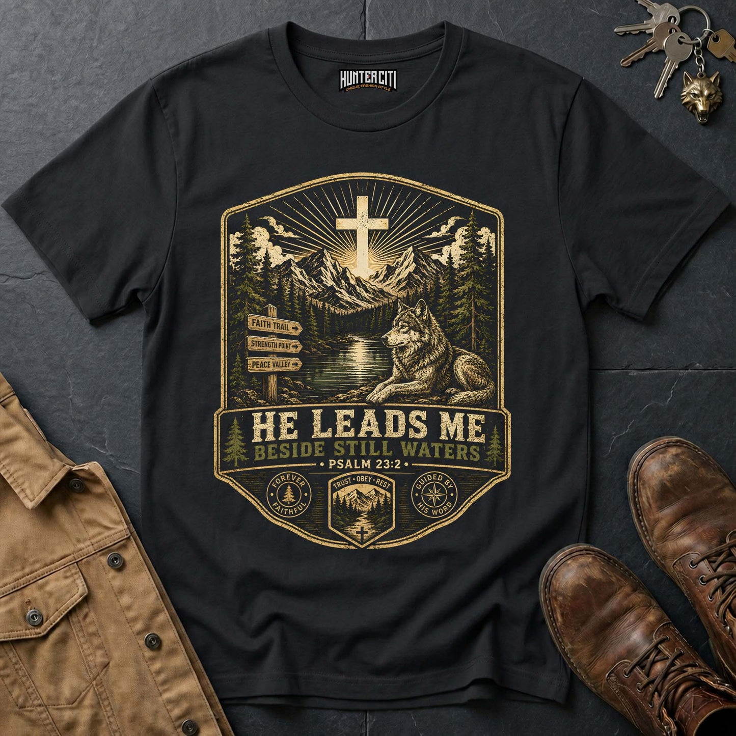 He Leads Me Beside Still Waters Landscape Wolf T-Shirt - Psalm 23:2 Christian Tee