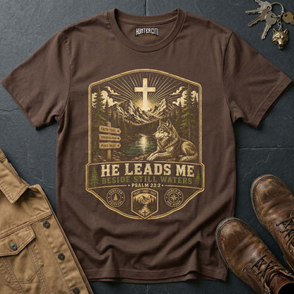 He Leads Me Beside Still Waters Landscape Wolf T-Shirt - Psalm 23:2 Christian Tee