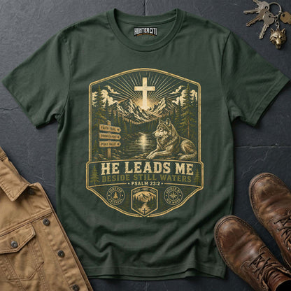 He Leads Me Beside Still Waters Landscape Wolf T-Shirt - Psalm 23:2 Christian Tee