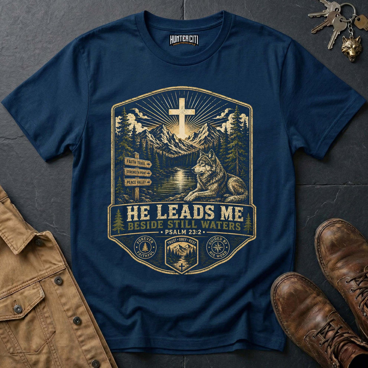 He Leads Me Beside Still Waters Landscape Wolf T-Shirt - Psalm 23:2 Christian Tee