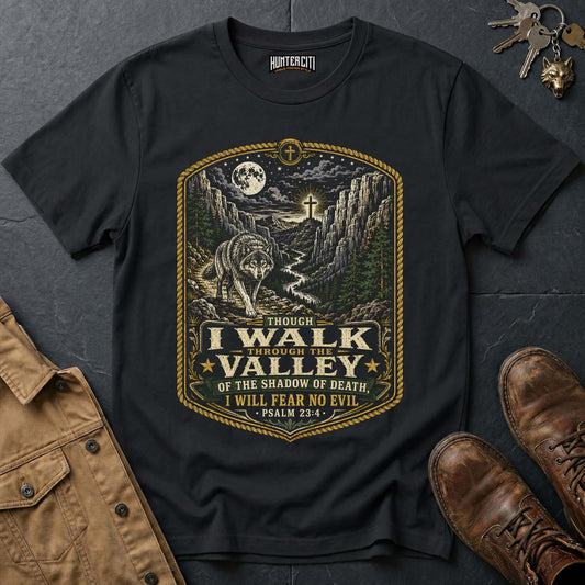 Though I Walk Through the Valley of the Shadow of Death I Will Fear No Evil Wolf T-Shirt - Psalm 23:4 Christian Tee