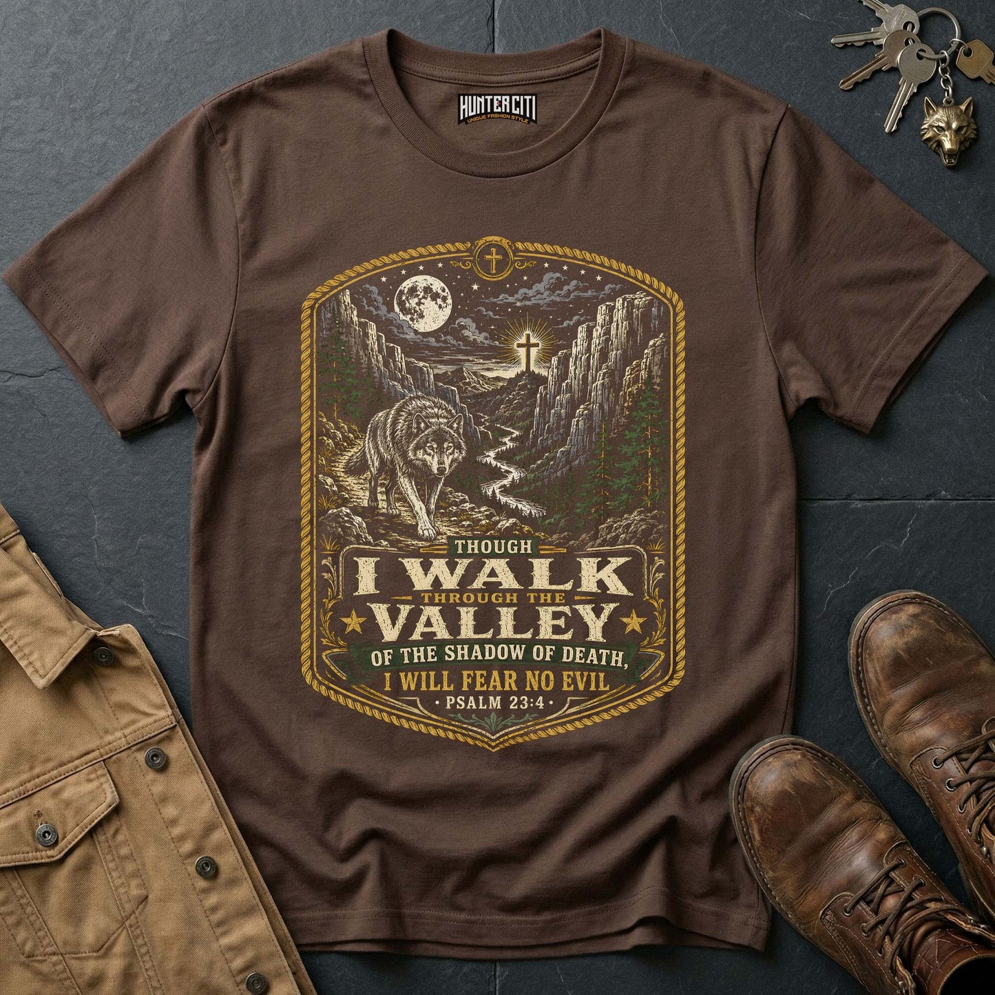 Though I Walk Through the Valley of the Shadow of Death I Will Fear No Evil Wolf T-Shirt - Psalm 23:4 Christian Tee