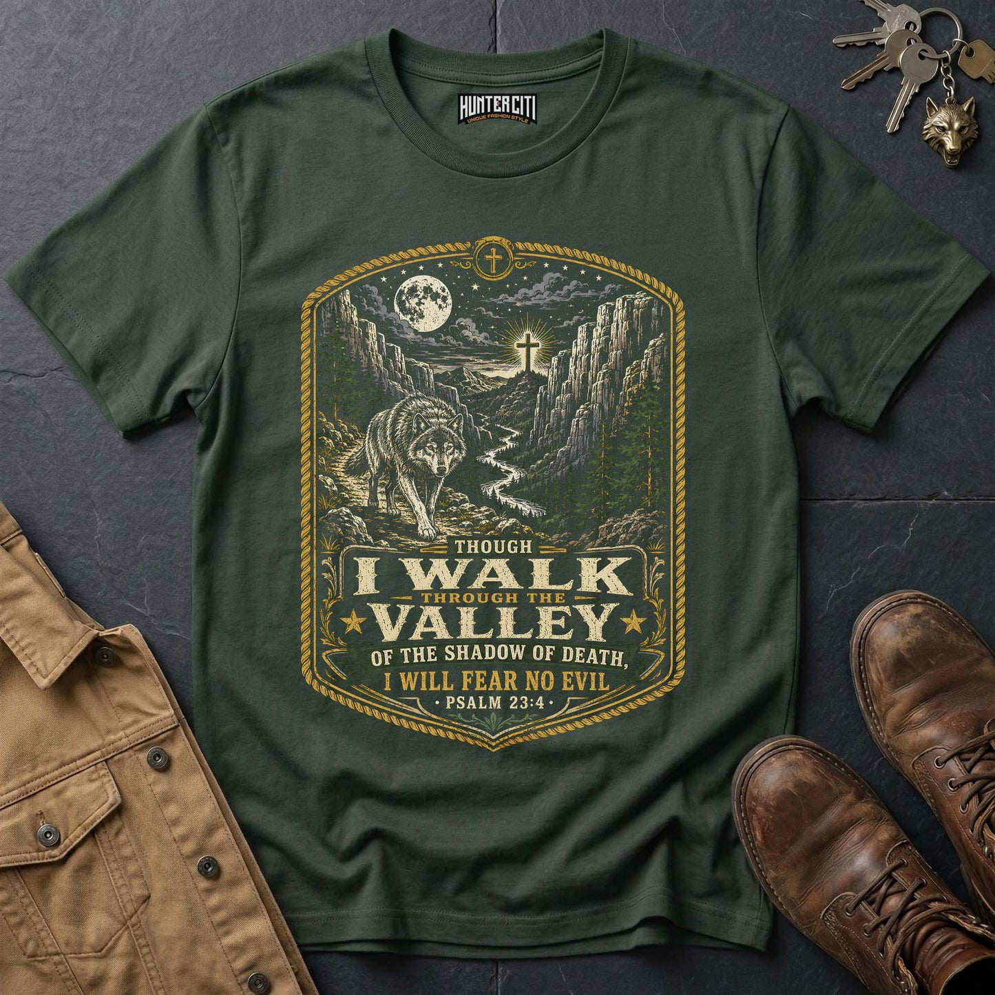 Though I Walk Through the Valley of the Shadow of Death I Will Fear No Evil Wolf T-Shirt - Psalm 23:4 Christian Tee