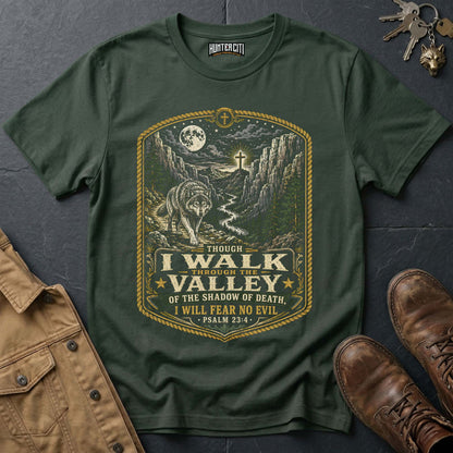 Though I Walk Through the Valley of the Shadow of Death I Will Fear No Evil Wolf T-Shirt - Psalm 23:4 Christian Tee