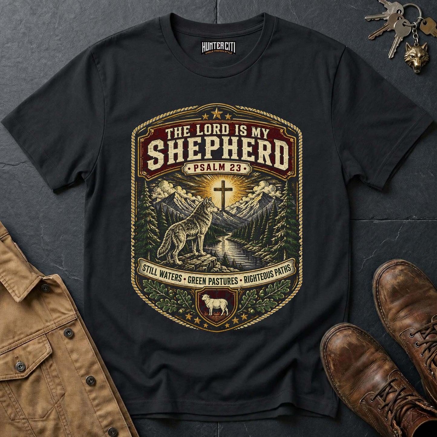 The Lord Is My Shepherd Still Waters Green Pastures Righteous Paths Wolf T-Shirt - Psalm 23 Christian Tee USA