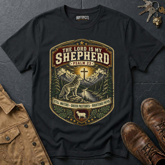 The Lord Is My Shepherd Still Waters Green Pastures Righteous Paths Wolf T-Shirt - Psalm 23 Christian Tee USA