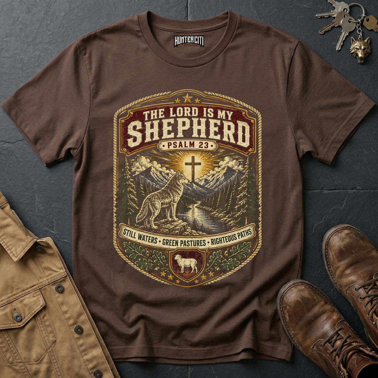 The Lord Is My Shepherd Still Waters Green Pastures Righteous Paths Wolf T-Shirt - Psalm 23 Christian Tee USA