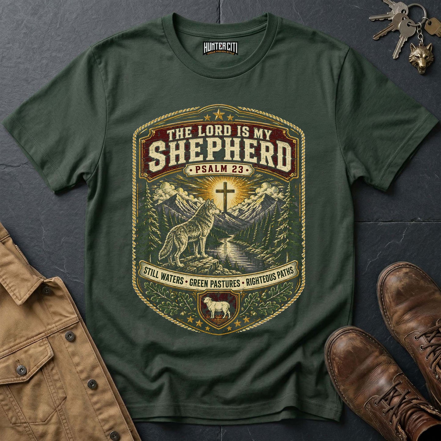 The Lord Is My Shepherd Still Waters Green Pastures Righteous Paths Wolf T-Shirt - Psalm 23 Christian Tee USA