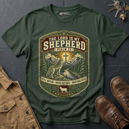 The Lord Is My Shepherd Still Waters Green Pastures Righteous Paths Wolf T-Shirt - Psalm 23 Christian Tee USA