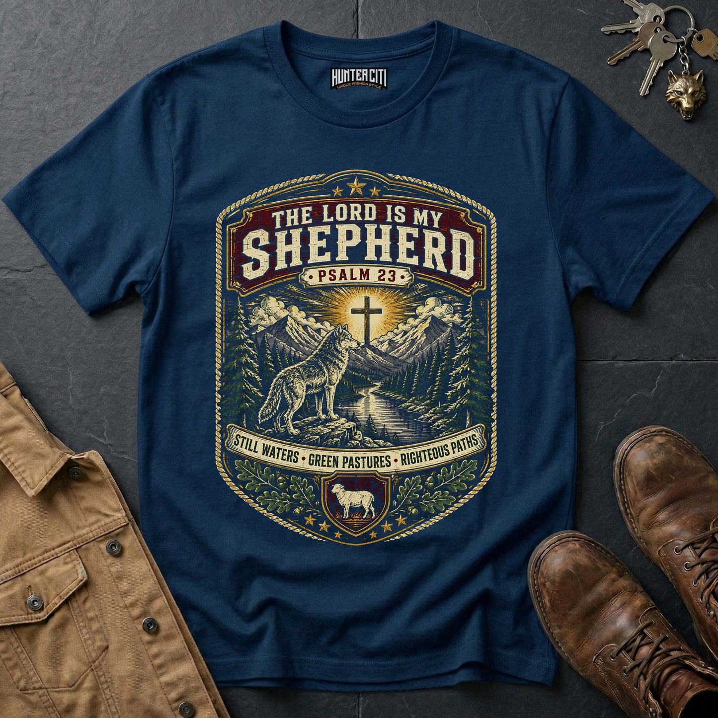The Lord Is My Shepherd Still Waters Green Pastures Righteous Paths Wolf T-Shirt - Psalm 23 Christian Tee USA