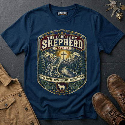 The Lord Is My Shepherd Still Waters Green Pastures Righteous Paths Wolf T-Shirt - Psalm 23 Christian Tee USA