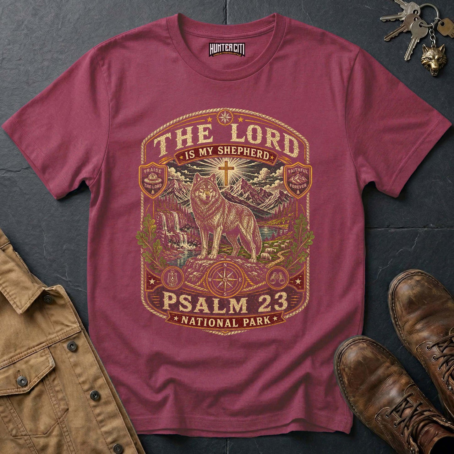 The Lord Is My Shepherd Psalm 23 National Park Badge Wolf Edition Vintage T-Shirt - Christian Wolf Graphic Tee USA Gift