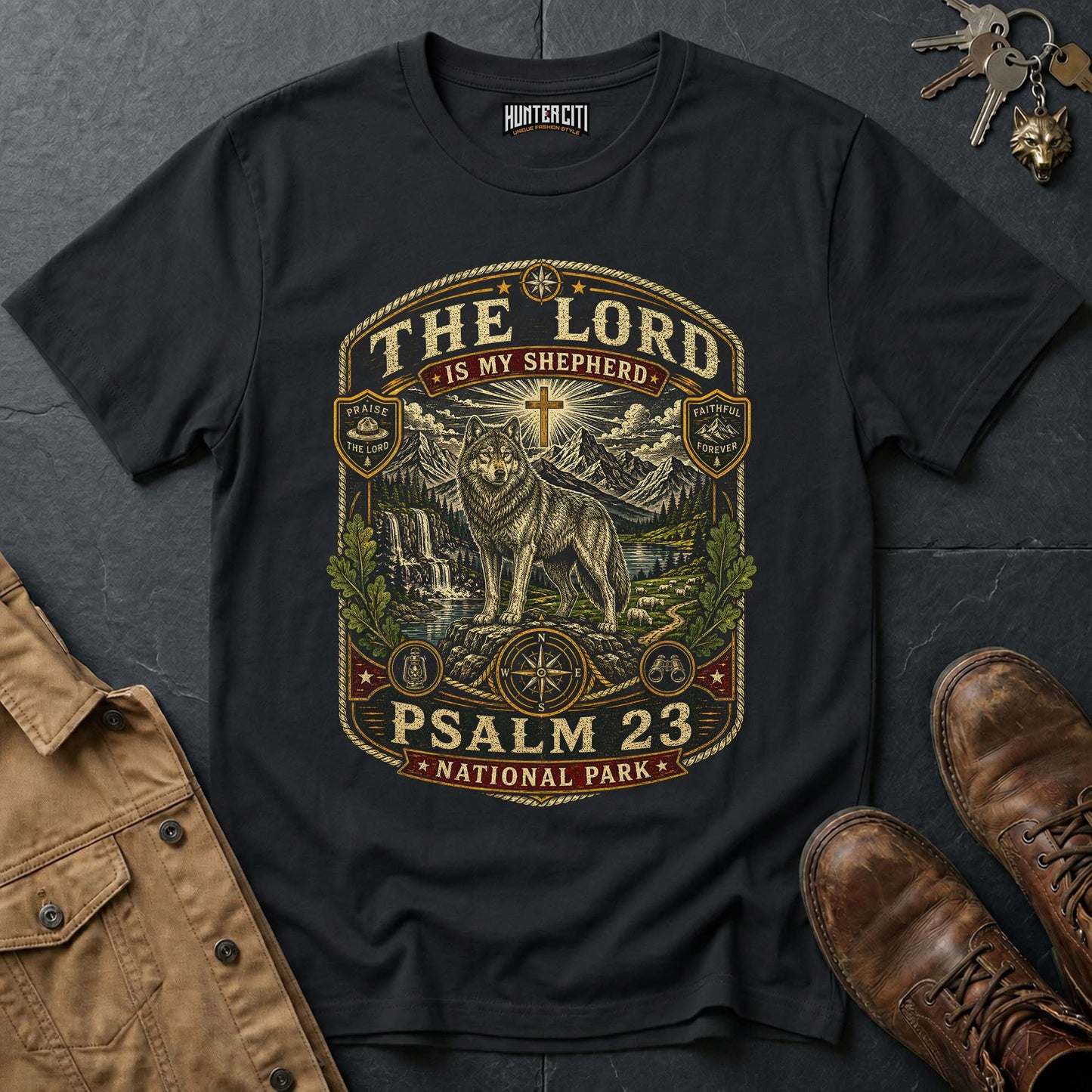 The Lord Is My Shepherd Psalm 23 National Park Badge Wolf Edition Vintage T-Shirt - Christian Wolf Graphic Tee USA Gift