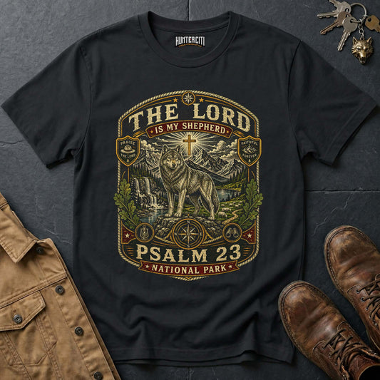 The Lord Is My Shepherd Psalm 23 National Park Badge Wolf Edition Vintage T-Shirt - Christian Wolf Graphic Tee USA Gift