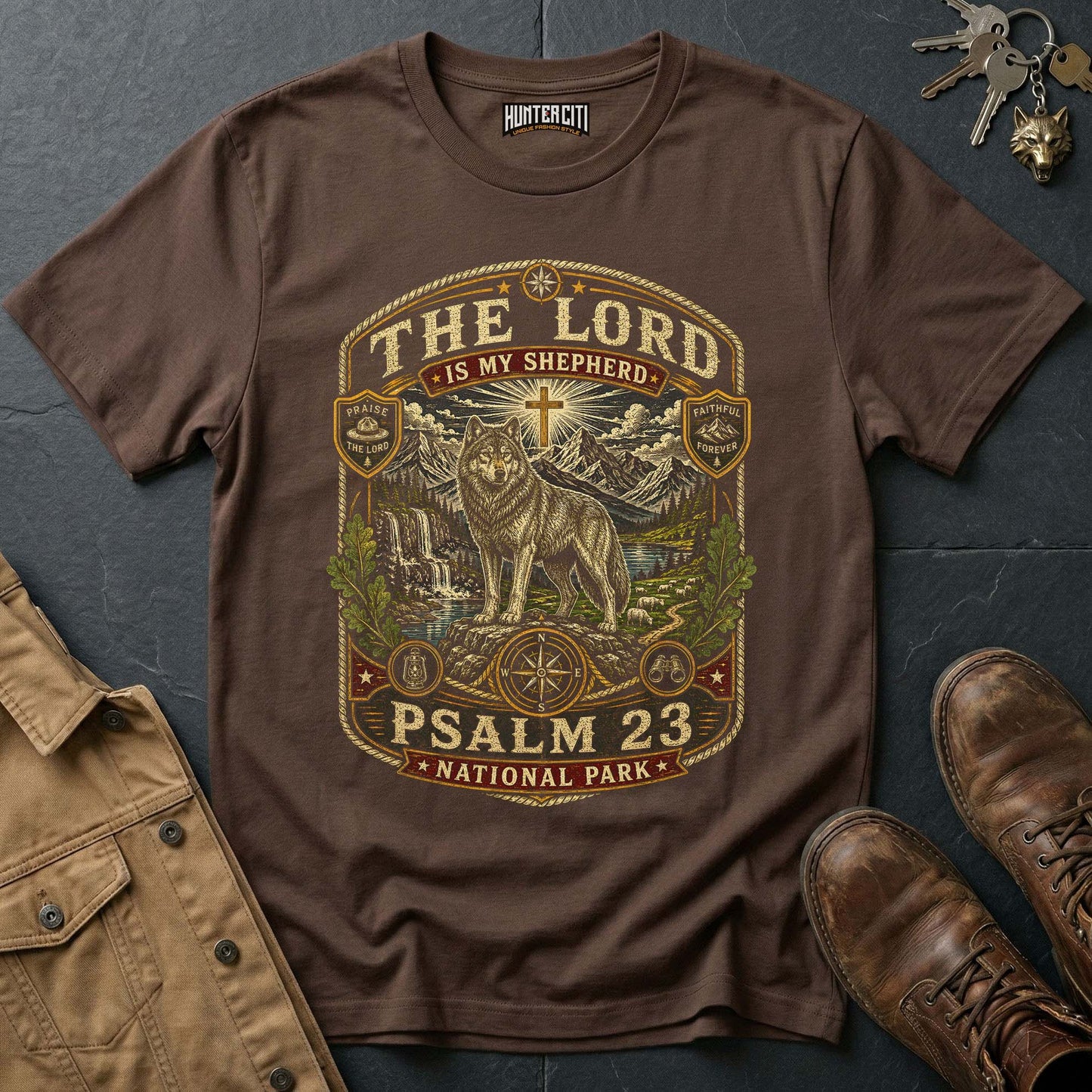 The Lord Is My Shepherd Psalm 23 National Park Badge Wolf Edition Vintage T-Shirt - Christian Wolf Graphic Tee USA Gift
