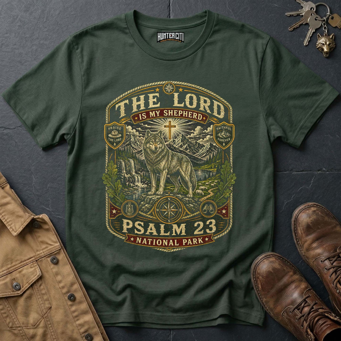 The Lord Is My Shepherd Psalm 23 National Park Badge Wolf Edition Vintage T-Shirt - Christian Wolf Graphic Tee USA Gift