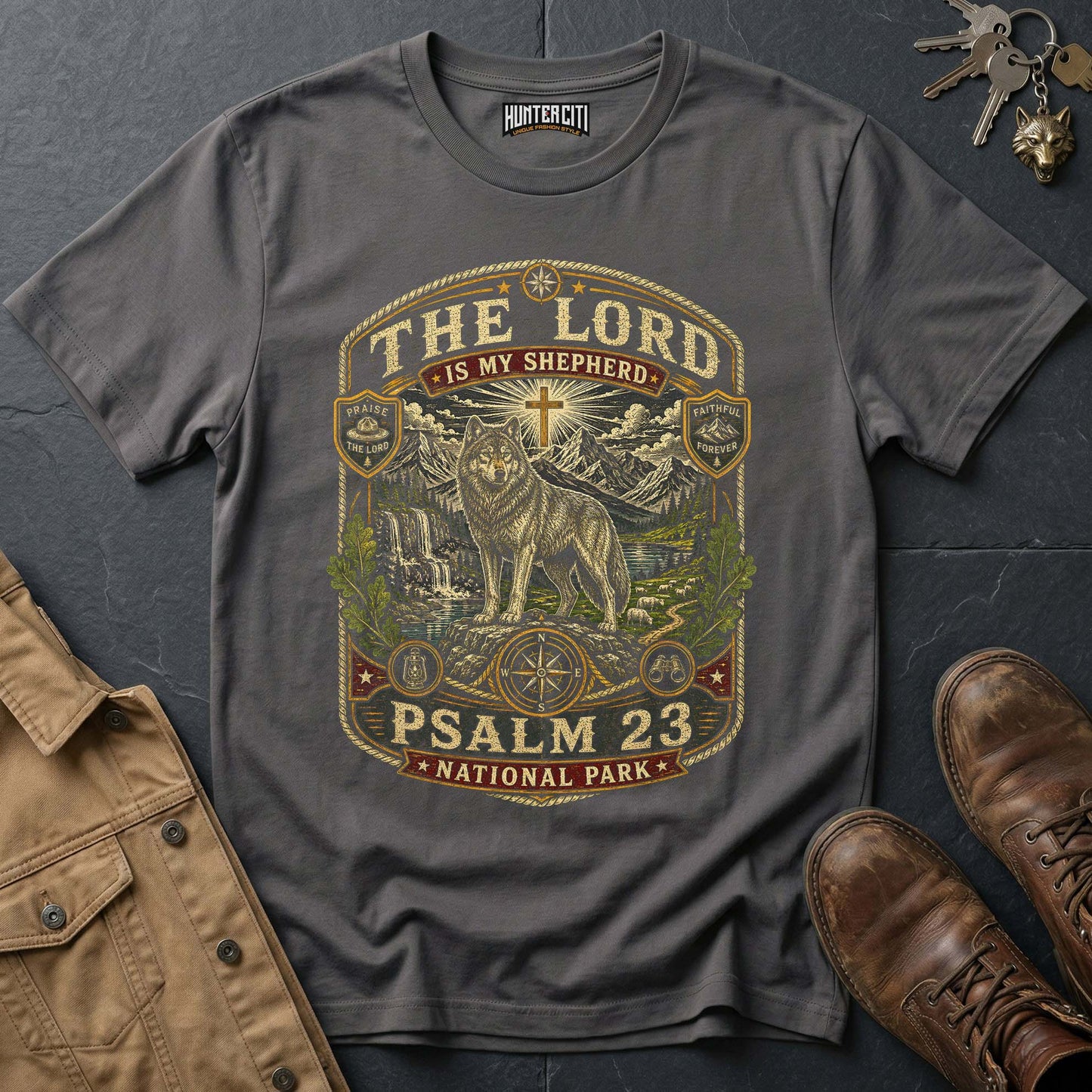 The Lord Is My Shepherd Psalm 23 National Park Badge Wolf Edition Vintage T-Shirt - Christian Wolf Graphic Tee USA Gift