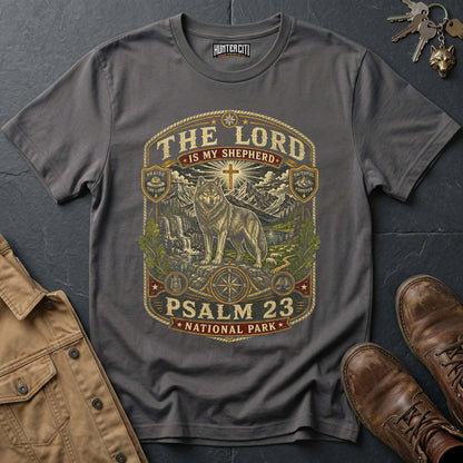 The Lord Is My Shepherd Psalm 23 National Park Badge Wolf Edition Vintage T-Shirt - Christian Wolf Graphic Tee USA Gift