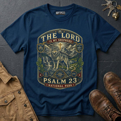 The Lord Is My Shepherd Psalm 23 National Park Badge Wolf Edition Vintage T-Shirt - Christian Wolf Graphic Tee USA Gift