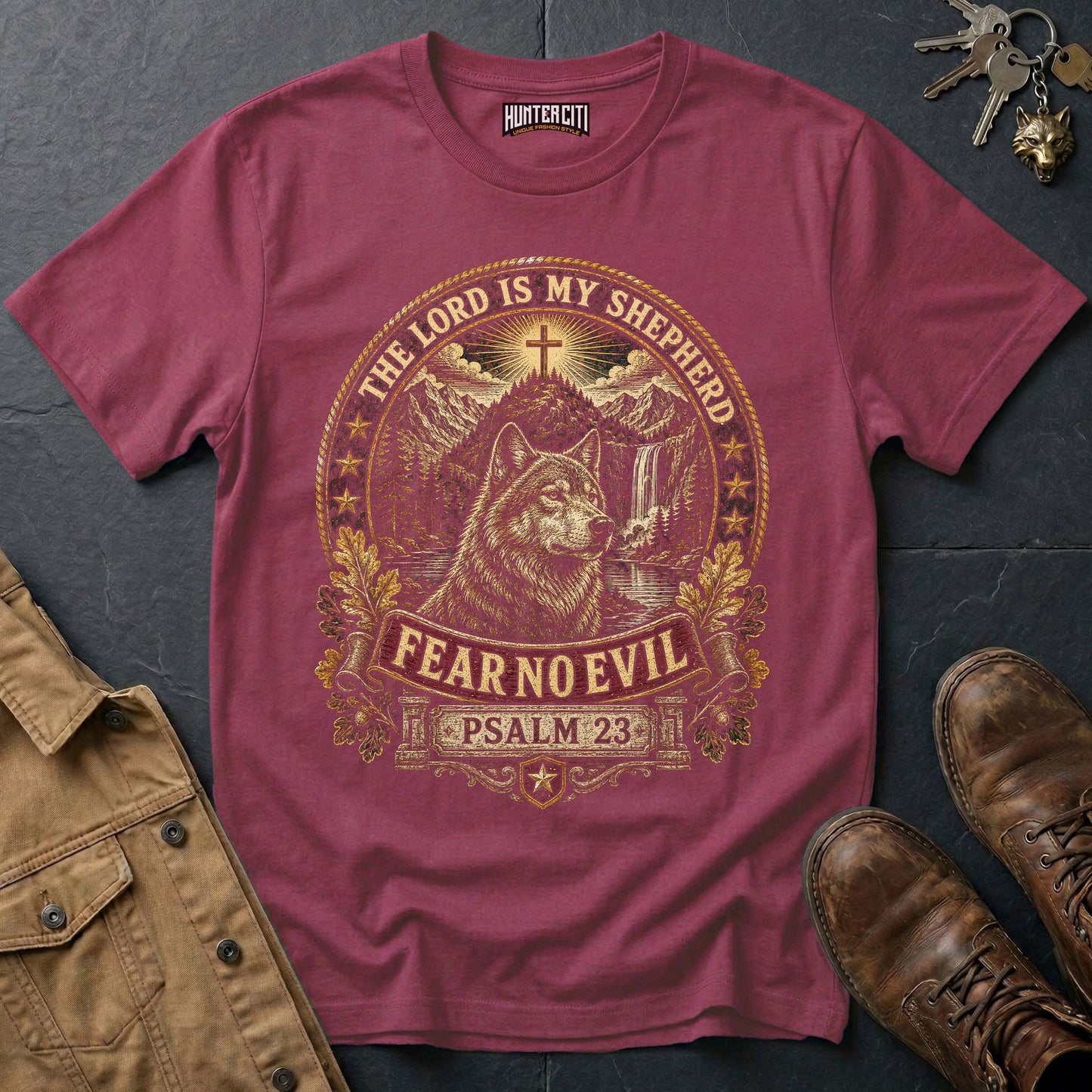 The Lord Is My Shepherd Fear No Evil Wolf T-Shirt - Psalm 23 Christian Wolf Graphic Tee USA Gift for Men