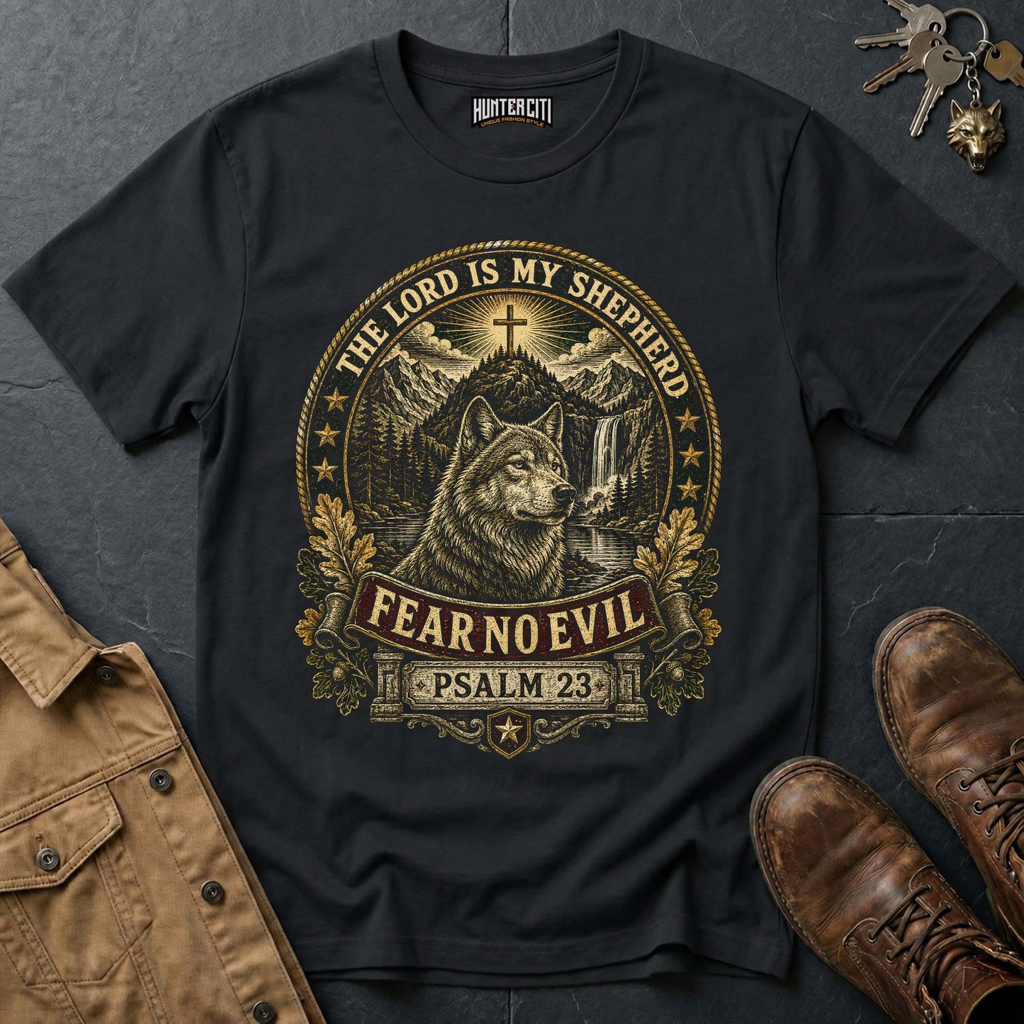 The Lord Is My Shepherd Fear No Evil Wolf T-Shirt - Psalm 23 Christian Wolf Graphic Tee USA Gift for Men