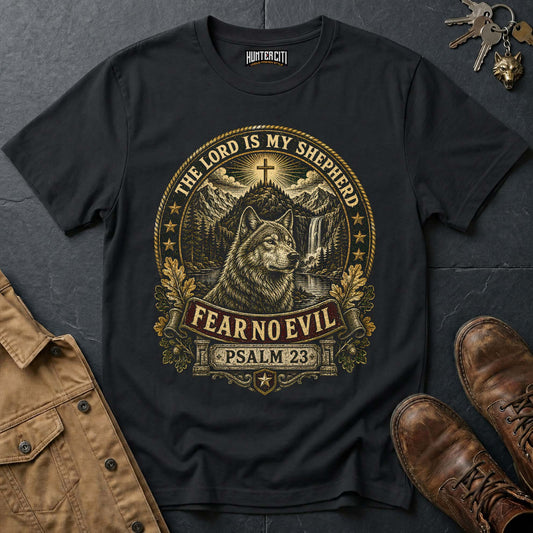 The Lord Is My Shepherd Fear No Evil Wolf T-Shirt - Psalm 23 Christian Wolf Graphic Tee USA Gift for Men