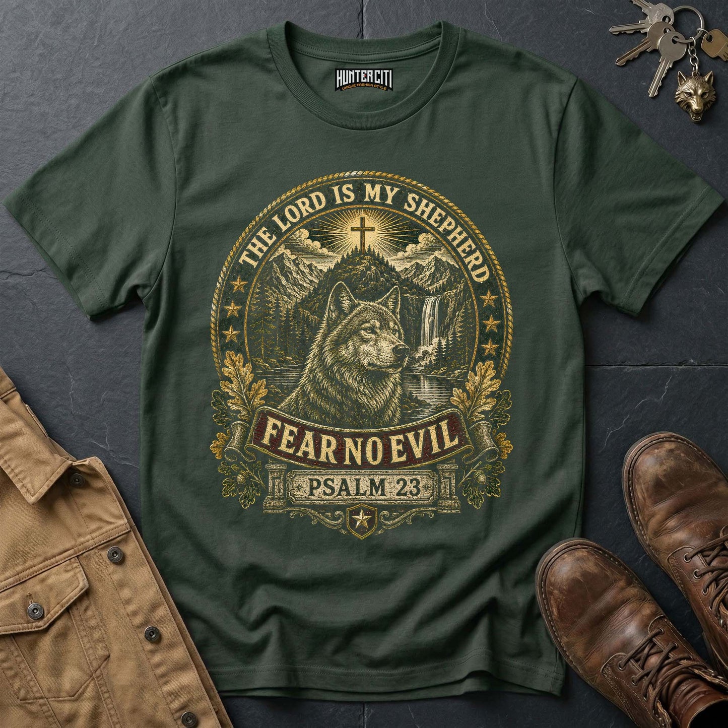 The Lord Is My Shepherd Fear No Evil Wolf T-Shirt - Psalm 23 Christian Wolf Graphic Tee USA Gift for Men