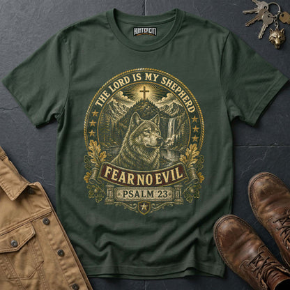 The Lord Is My Shepherd Fear No Evil Wolf T-Shirt - Psalm 23 Christian Wolf Graphic Tee USA Gift for Men