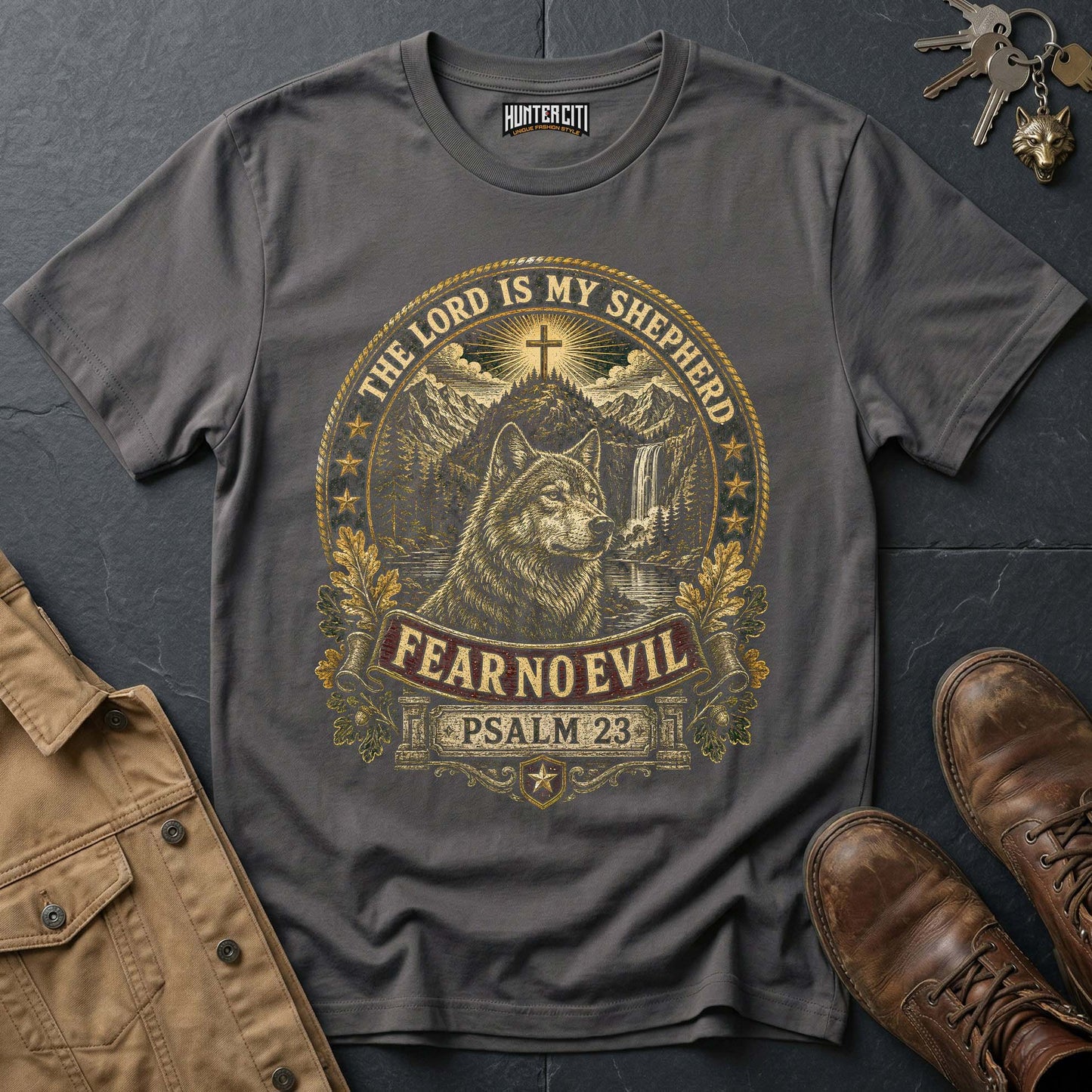 The Lord Is My Shepherd Fear No Evil Wolf T-Shirt - Psalm 23 Christian Wolf Graphic Tee USA Gift for Men