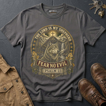 The Lord Is My Shepherd Fear No Evil Wolf T-Shirt - Psalm 23 Christian Wolf Graphic Tee USA Gift for Men