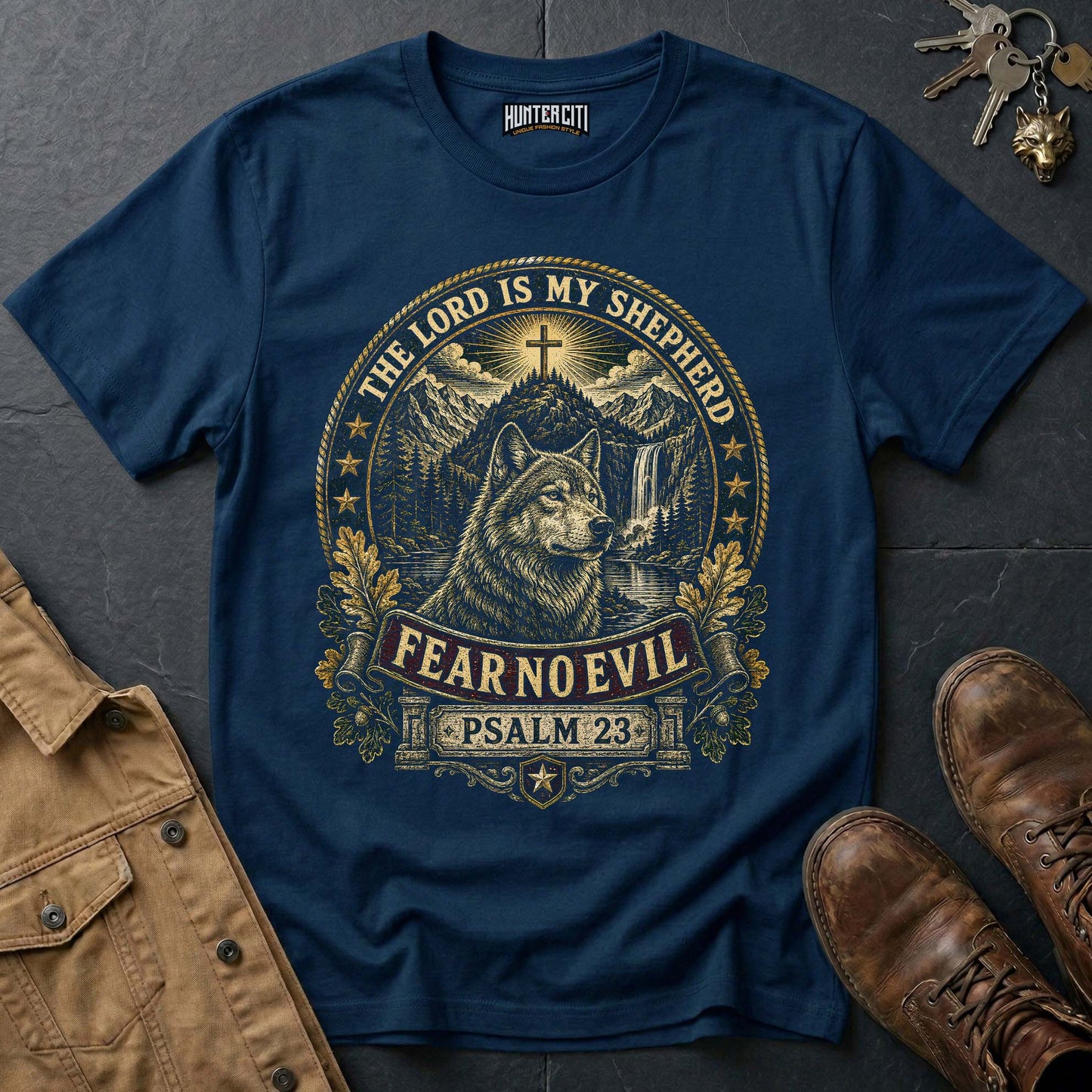 The Lord Is My Shepherd Fear No Evil Wolf T-Shirt - Psalm 23 Christian Wolf Graphic Tee USA Gift for Men
