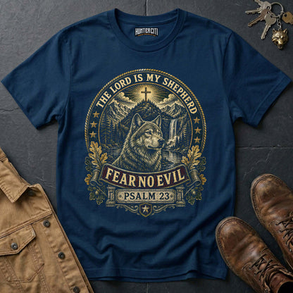 The Lord Is My Shepherd Fear No Evil Wolf T-Shirt - Psalm 23 Christian Wolf Graphic Tee USA Gift for Men