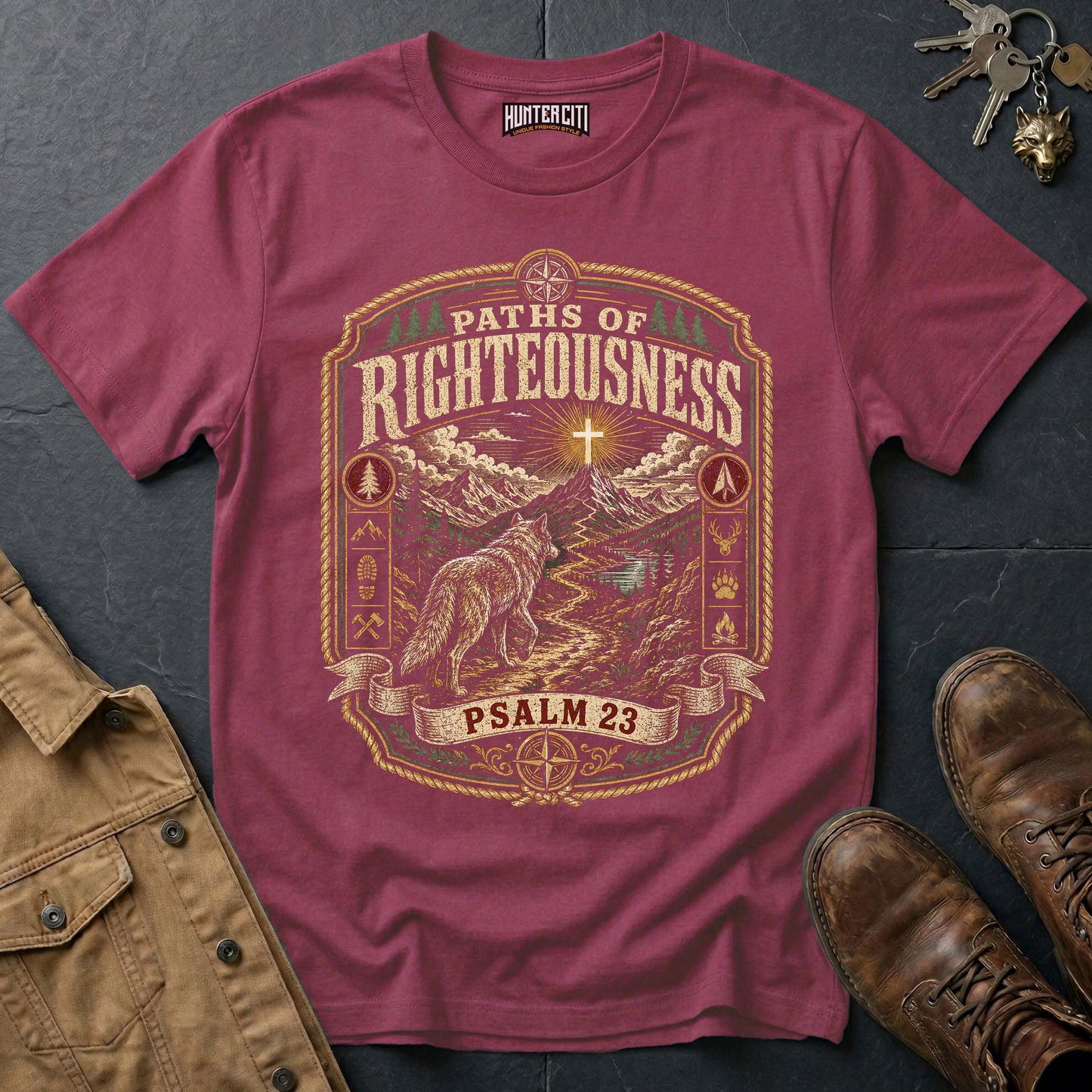 Paths of Righteousness Psalm 23 Wolf T-Shirt - Christian Wolf Graphic Tee USA Gift for Men