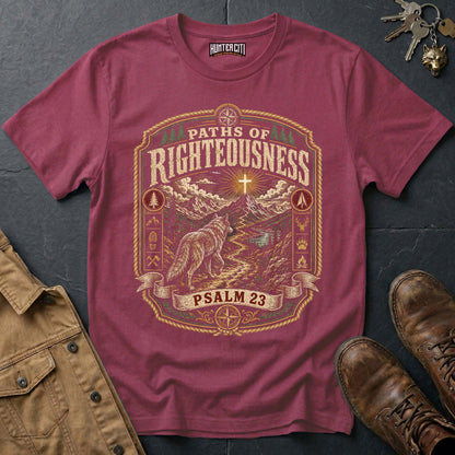 Paths of Righteousness Psalm 23 Wolf T-Shirt - Christian Wolf Graphic Tee USA Gift for Men