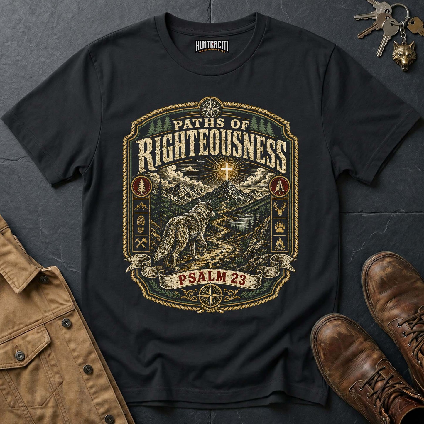 Paths of Righteousness Psalm 23 Wolf T-Shirt - Christian Wolf Graphic Tee USA Gift for Men