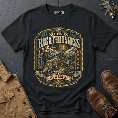 Paths of Righteousness Psalm 23 Wolf T-Shirt - Christian Wolf Graphic Tee USA Gift for Men
