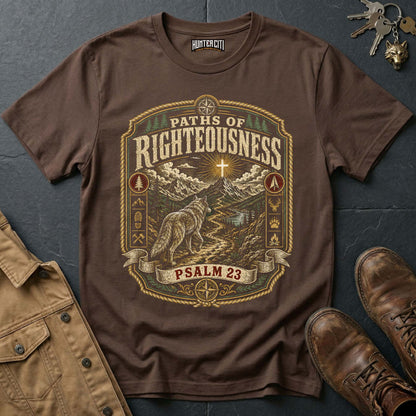 Paths of Righteousness Psalm 23 Wolf T-Shirt - Christian Wolf Graphic Tee USA Gift for Men
