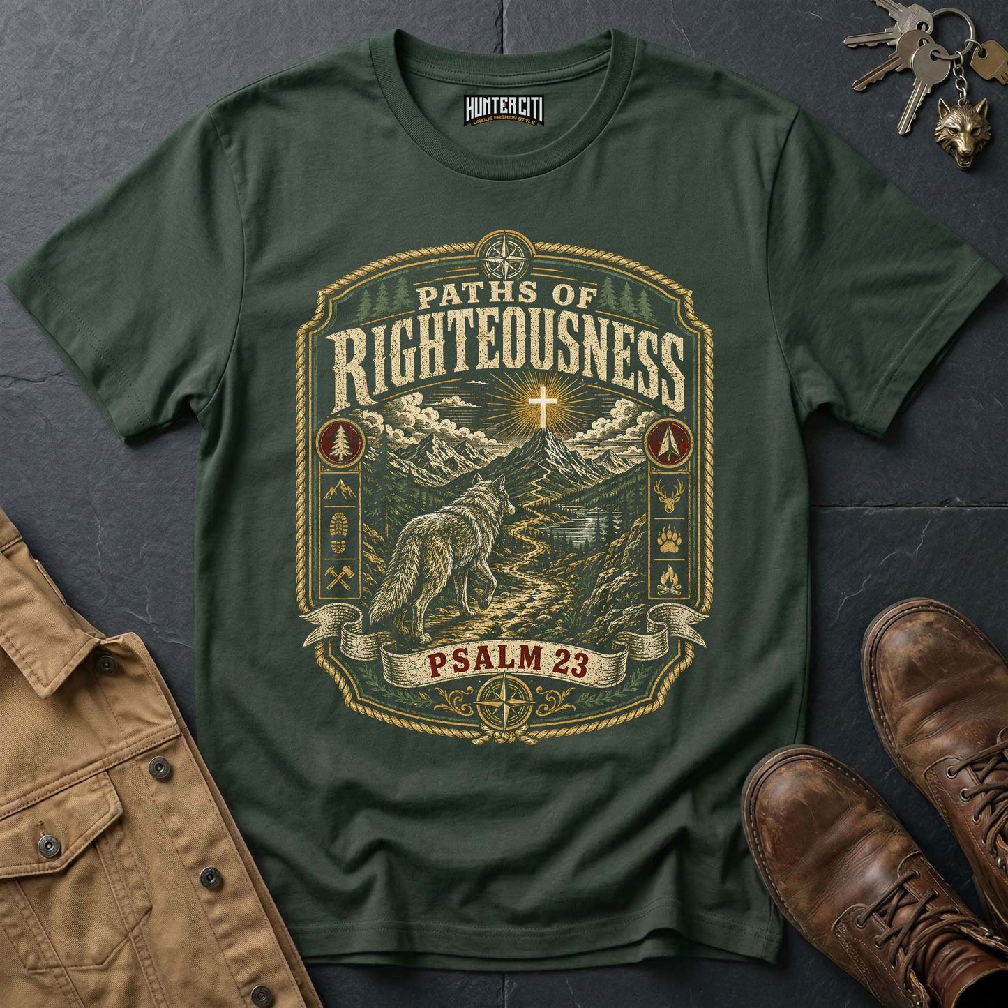 Paths of Righteousness Psalm 23 Wolf T-Shirt - Christian Wolf Graphic Tee USA Gift for Men