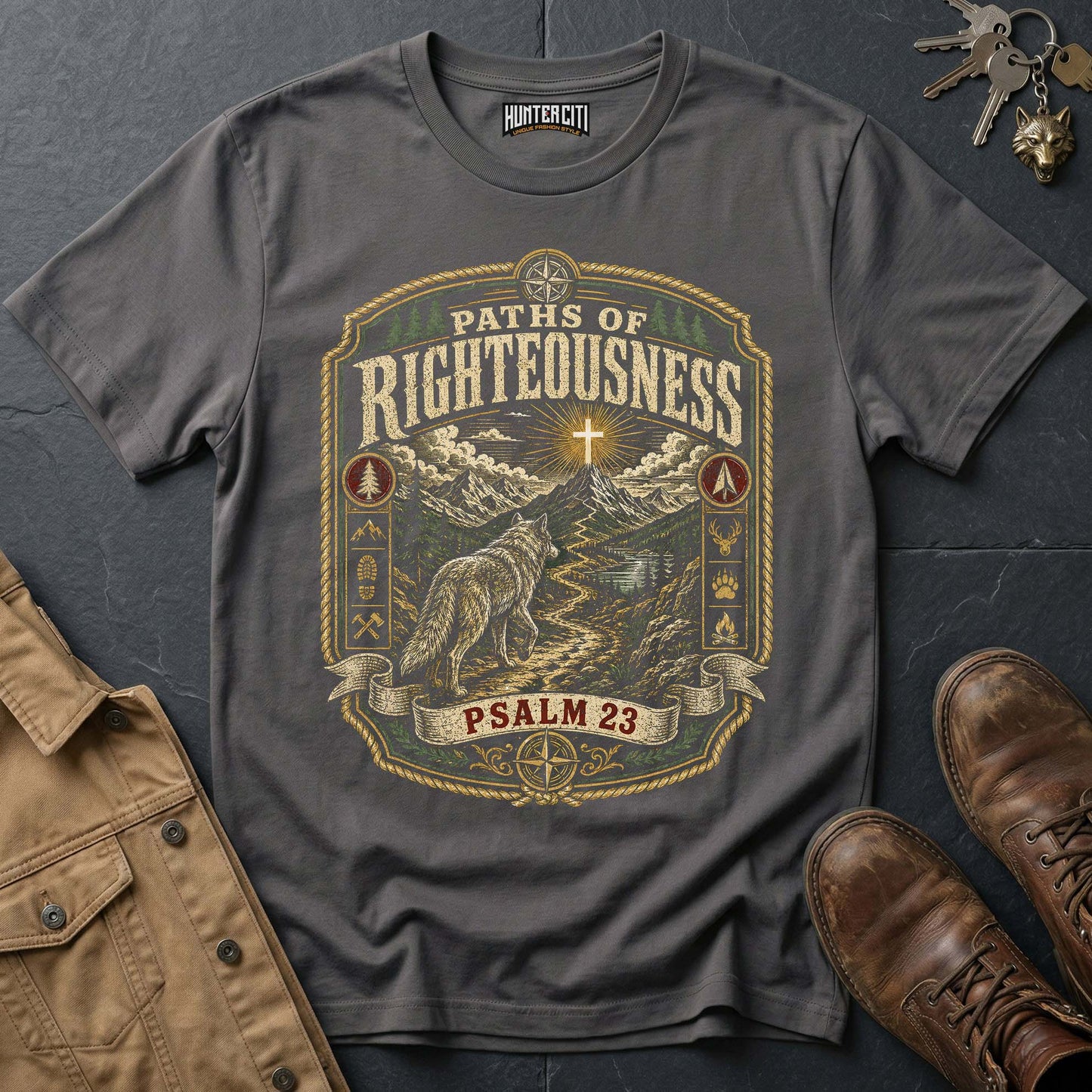 Paths of Righteousness Psalm 23 Wolf T-Shirt - Christian Wolf Graphic Tee USA Gift for Men