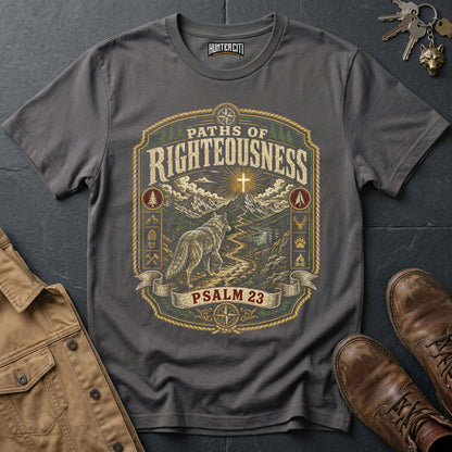 Paths of Righteousness Psalm 23 Wolf T-Shirt - Christian Wolf Graphic Tee USA Gift for Men