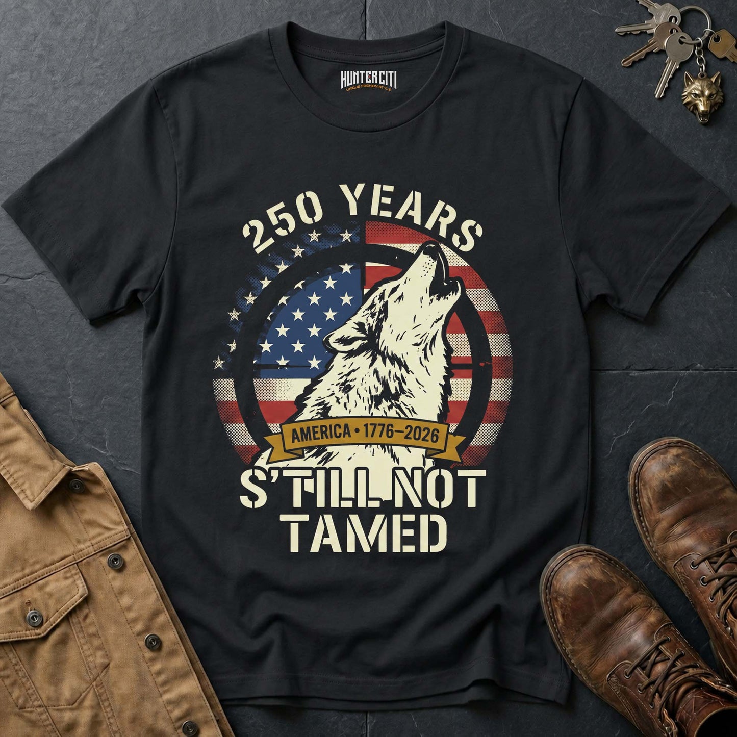 250 Years America Still Not Tamed Howling Wolf T-Shirt - 1776 2026 America Anniversary Patriotic Badge Tee USA Gift